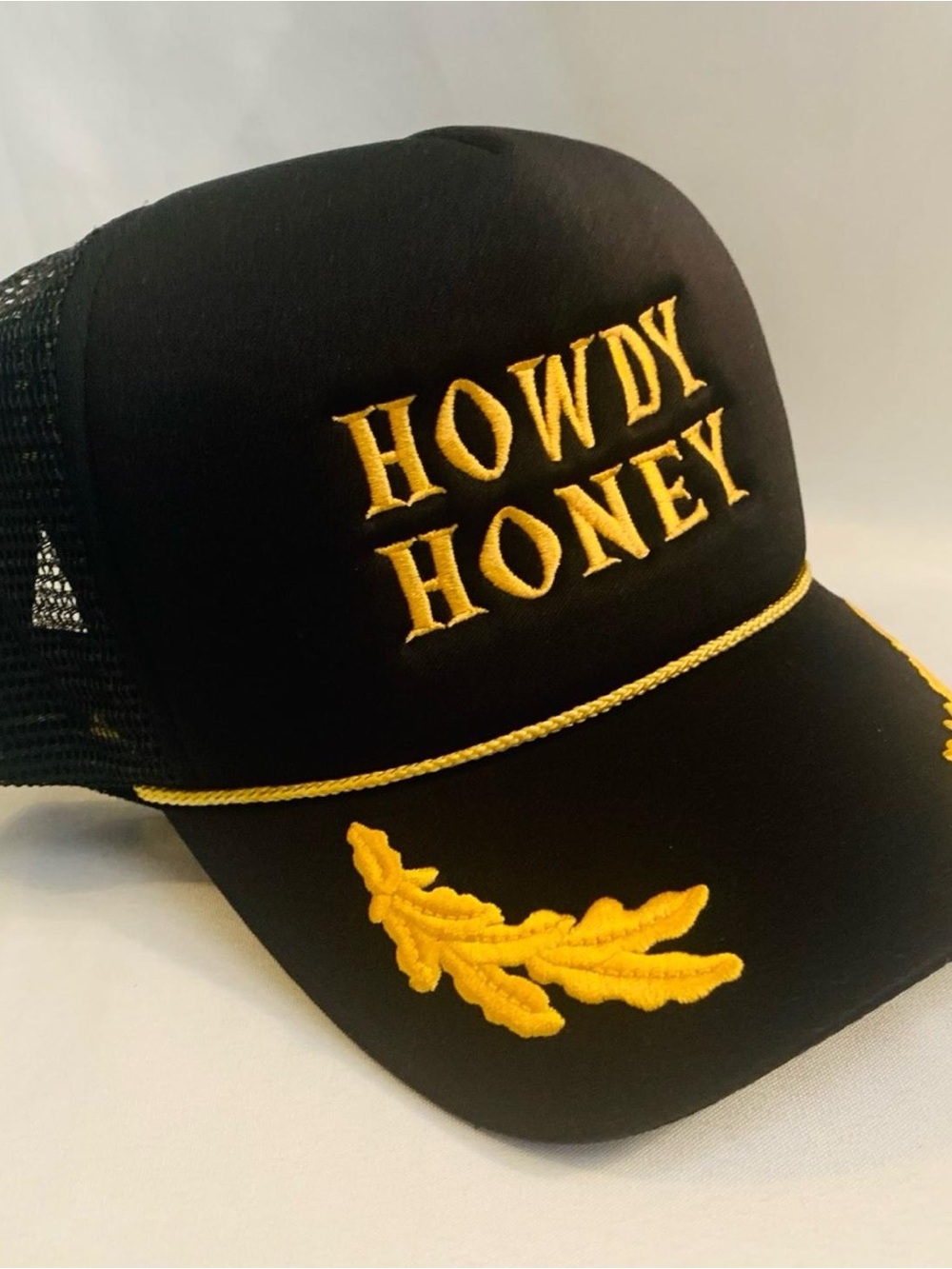 David and Young Black Trucker Hat with Yellow Embroidery - HOWDY HONEY